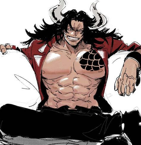 One Piece Men Fanart, King One Piece Fanart, Man Spreading Drawing Reference, Haki One Piece, Oni Horns, Sitting Sketch, Noxus League Of Legends, Kaido One Piece, Muscular Male