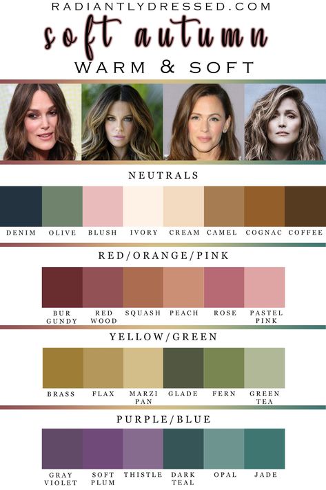 Soft Autumn Palette. The Radiantly Dressed comprehensive guide to Soft Autumn in the 12 season system of color analysis. Cool Autumn Color Palette, Soft Autumn Color Palette Outfits, Radiantly Dressed, Soft Autumn Makeup, Autumn Color Palette Fashion, Soft Autumn Palette, Autumn Colour Palette, Deep Autumn Color Palette, Autumn Skin