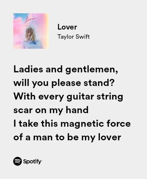 taylor swift lover spotify lyrics Lover Spotify Lyrics, Lover Spotify, Taylor Swift Lover Songs, Taylor Swift Bio, Taylor Swift Lyric Quotes, Taylor Swift Song Lyrics, Taylor Swift Lover, Taylor Songs, Taylor Lyrics