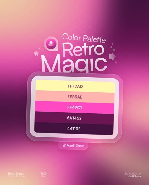 🔮 Retro Magic • Color Palette The #Gradient is made with tons of love. Sharing each of the 🎟️ Color Tickets with the representative color codes. You are free to pick a swatch and let me know what it reminds you of! Make sure to comment or dm me with questions! 🫶🏻 All the mesh gradients from the collection will be up to grab on my links! 🔮 • #stunninggradients #colorpalette #designinspiration #gradient #gradients #color #colors #palette #graphicdesign #graphicdesigner #dotuiux #uiux #ui #w... Loud Color Palette, Event Color Palette, Magical Color Palette, Color Palette Code, Magic Color Palette, Ui Color Palette, Color Palette Retro, Gradient Color Palette, Blog Color Palette