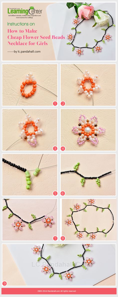 Instructions on How to Make Cheap Flower Seed Beads Necklace for Girls from LC.Pandahall.com Free Beading Patterns Tutorials, Beaded Flower Necklace, Seed Beads Necklace, Seed Bead Flowers, Gelang Manik-manik, Flower Chain, Necklace For Girls, Art Perle, Beaded Necklace Patterns