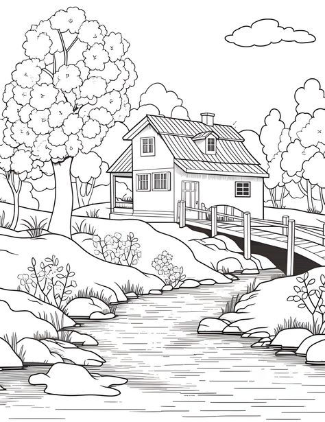 Drawing and Coloring Masterpieces Scenery Outline Drawing, Pictures To Color In, Picture For Drawing, Spring Season Drawing, Scenery Coloring Pages, Landscape Outline, Picture For Coloring, Spring Drawings, Garden Outline