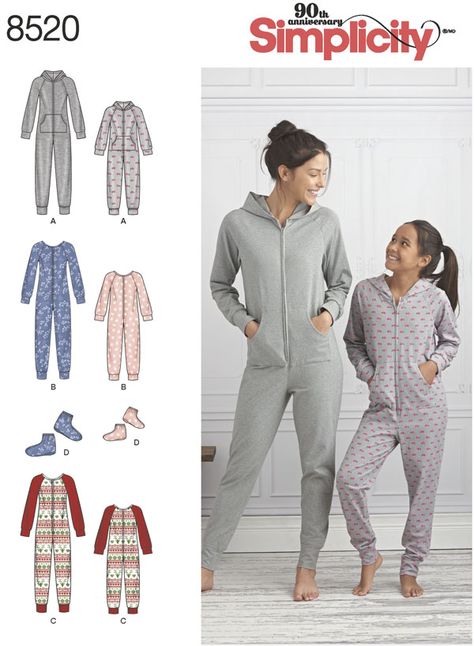 Simplicity  Simplicity Pattern 8520 Giris' and Misses' Jumpsuits and Booties sewing pattern Onesie Pattern, Adult Onesie Pajamas, Pajama Pattern, Jumpsuit Pattern, Knit Jumpsuit, One Piece Pajamas, Simplicity Sewing, Simplicity Sewing Patterns, Sewing Pattern Sizes