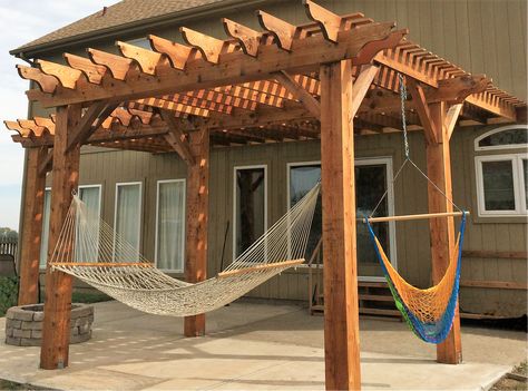 Pergola with hammocks Gazebo With Hammock, Deck Hammock Ideas, Pergola With Hammock, Hammock Pergola, Deck Hammock, Backyard Outdoor Living, Pergola Hammock, Backyard Builds, Croft Manor