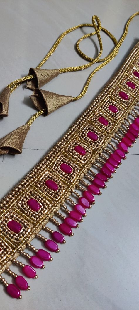 Aari Waist Belt For Saree, Saree Belt Designs Work, Simple Aari Hip Belt Design, Aari Jewellery Designs, Hip Belt Designs For Saree, Blouse Hand Designs With Beads, Hip Belt For Saree Aari Work, Aari Work Jewellery Design, Aari Work Blouse Tassels Designs