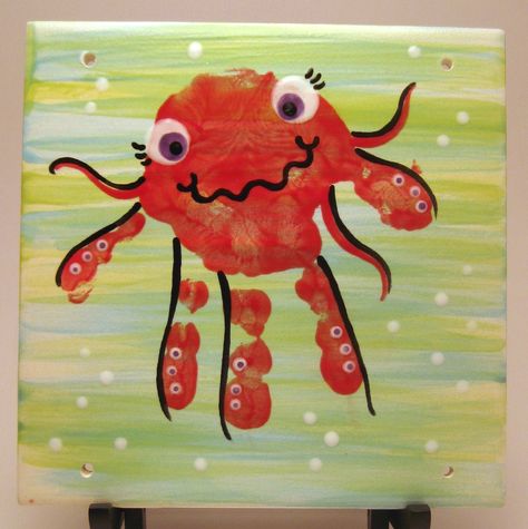 My neices handprint turned into an octopus, painted on a ceramic tile. Footprint Octopus, Octopus Craft, Hand Print Art, Baby Art Projects, Footprint Crafts, Ocean Crafts, Footprint Art, Handprint Crafts, Daycare Crafts