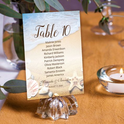 Beach Wedding Seating Chart, Beach Wedding Seating, Wedding Seating Chart Table, Wedding Table Assignments, Sunset Beach Wedding, Wedding Table Seating Chart, Sunset Beach Weddings, Starfish Wedding, Wedding Table Number Cards