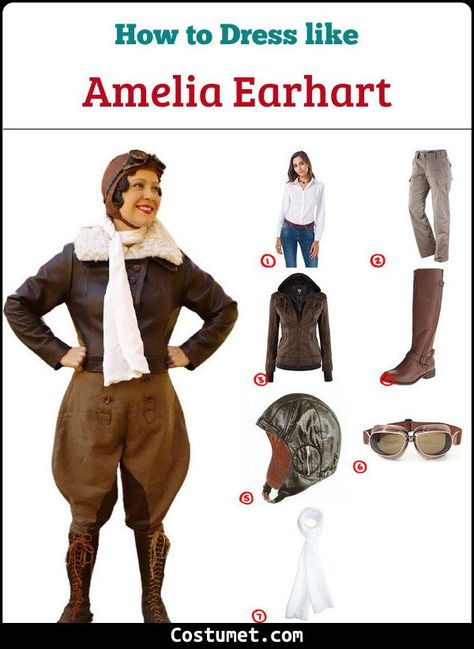 Amelia Earhart Costume for Cosplay & Halloween 2021 Amelia Earhart Halloween Costume, Amelia Airhart Costume Diy, Amelia Airhart Costume, History Costumes Halloween, Amelia Earhart Costume Diy, Amelia Earhart Costume Kids, Emilia Earhart, Historical Figures Costumes, Amelia Earhart Costume