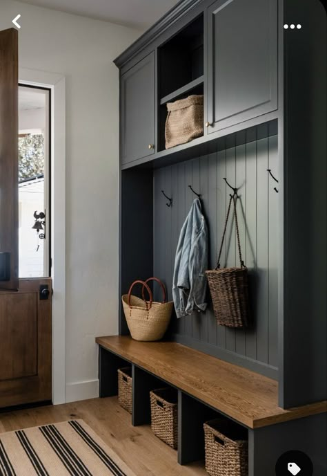 Mudroom Wood Floor, Wood Floor Mudroom, Mudroom Bench Paint Colors, Blue Grey Entryway, Craftsman Mudroom, Blue Mudroom Cabinets, Mudroom Blue, Oak Mudroom, Built In Mudroom Bench