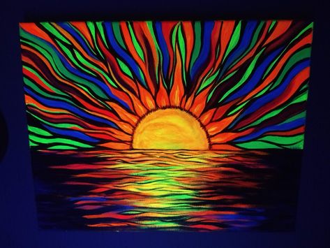 ORIGINAL UV Reactive Acrylic Painting - Blacklight Art - By Brooke Hawley 2019 Neon Painting Wall Art, Blacklight Canvas Painting Ideas, Cool Neon Paintings, Florecent Paintings, Black Neon Painting, Uv Light Painting, Black Canvas Neon Paintings, Trippy Sunset Painting, Blacklight Art Ideas