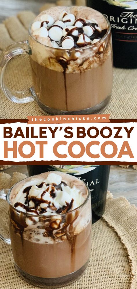 Say hello to your new favorite fall drink idea! Rich, creamy, and spiked with Bailey's, this boozy hot chocolate is on a whole new level of deliciousness. Once you try this fall cocktail recipe, you'll never want the regular hot chocolate again! Hot Chocolate Alcoholic Drinks, Boozy Hot Cocoa, Chocolate Alcoholic Drinks, Baileys Recipes Drinks, Alcoholic Hot Chocolate, Baileys Drinks, Hot Chocolate Cocktail, Boozy Hot Chocolate, The Cookin Chicks