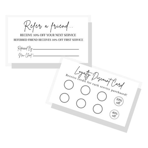 PRICES MAY VARY. 50 TOTAL CARDS printed front only on a 3.5x2” inch business sized card. 14 pt. Matte card stock thickness! Referral card offering a 10 percent off discount for both the referring customer and the new customer. Design is a white card with black text. We LOVE to see how you add our referral cards to your business! Leave pictures with your review. WHAT YOU'RE BUYING:  This product is physical printed business sized cards. Size is 2 x 3.5" inches each business card is printed on a t Event Business Cards, Cards Black And White, Boutique Marketing, Referral Cards, Black And White Minimalist, Cleaning Business, White Minimalist, Discount Card, Punch Cards