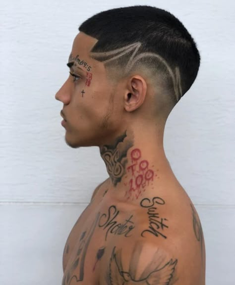 Hair Tattoo Men, Mens Face Tattoos, Small Face Tattoos, Mens Body Tattoos, Face Tats, Tatted Men, Taper Fade Haircut, Face Piercings, Neck Tattoo For Guys