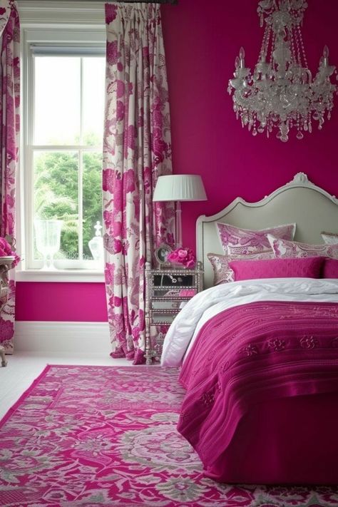 Hot Pink Bedroom Ideas, Hot Pink Bedroom, Bedroom Pillows Arrangement, Maximalist Room Decor, Hot Pink Bedrooms, Luxury Room Design, Feminine Room, Colorful Room, Colorful Room Decor