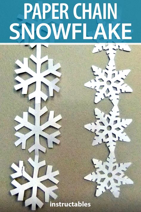 dogsrule0909 shares how to take a simple paper snowflake design and make it into a paper chain! #Inbstructables #holiday #decor #Christmas #papercraft How To Make Paper Snowflake Garland, Snowflake Garland Diy Kids, Paper Chain Snowflakes, Paper Snowflakes Chain, Snowflake Window Decorations, Paper Chain Decorations Christmas, How To Make A Paper Snowflake Chain, Paper Snowflake Garland Diy, Snowflake Paper Garland