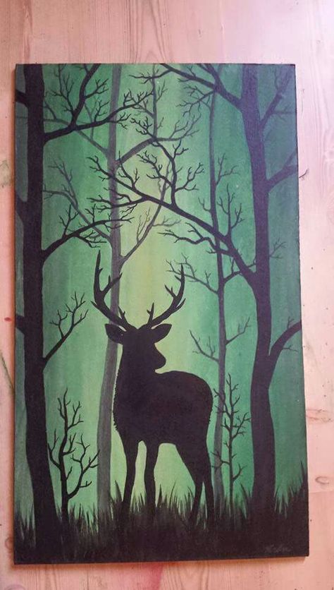 Acrylic painting Deer in the wood by ATB #myart #ATB Deer Silhouette Painting, ملصق ديني, Deer Painting, Silhouette Painting, Simple Canvas Paintings, Canvas Painting Designs, Seni Cat Air, Cute Paintings, Canvas Painting Diy