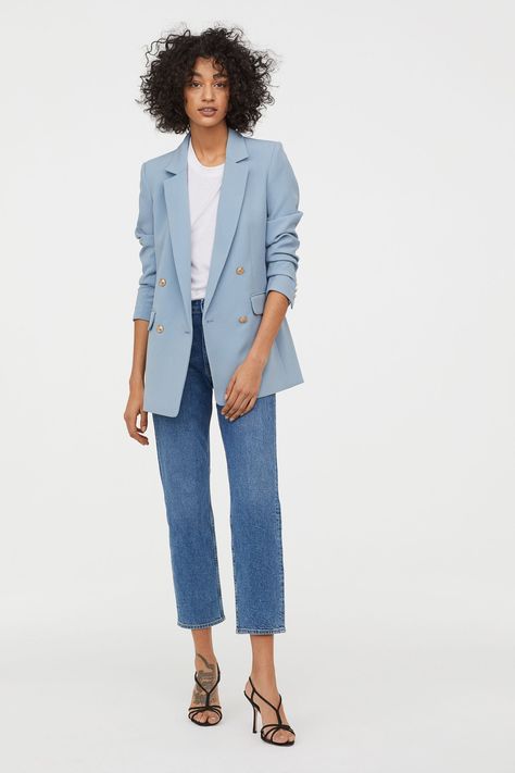 H&M Double-Breasted Blazer Jacket in Light Blue Light Blue Blazer Outfits For Women, Light Blue Blazer Outfit, Blue Blazer Outfits For Women, Blue Blazer Outfit, Blue Blazer Women, Outfit Mit Blazer, Light Blue Blazer, Light Blue Jacket, Blazer Bleu