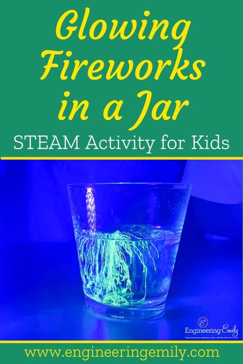 In this amazing experiement you can see "glowing fireworks" inside your cup or jar! To wow your kids with science, all you need is turmeric, isoproply alcohol, and a blacklight. Check out the blog post for the step-by-step guide and all the science behind this spectacular experiment!   #glowingscience #glowexperiment #stemathome #scienceexperiment #stemforkids #scienceforkids #stayathomemom #fireworks #glowing #scienceisfun #scienceismagic #blacklight Fireworks In A Jar, Star Science, Fun Family Photos, Family Schedule, Science Projects For Kids, Steam Activities, Stem For Kids, Family Photo Album, Science Units