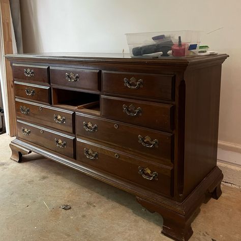 Cherry Wood Dresser Makeover, 70s Dresser Makeover, Green Painted Dresser, Green Dresser Makeover, Pine Furniture Makeover, Wood Dressers Makeover, Cherry Wood Dresser, Cherry Dresser, Cherry Wood Furniture