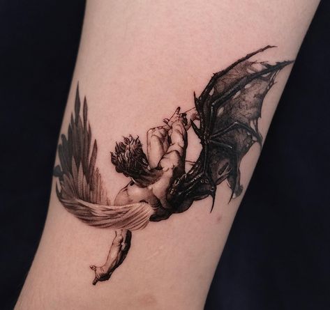 Dark Male Tattoo Aesthetic, Fallen Angel Aesthetic Tattoo, Tattoos Fallen Angel, Temptation Tattoo Ideas, Romantic Encounter Tattoo, Pillars Of Creation Tattoo, Icarus Chest Tattoo, Fallen Angel Tattoo Men, Icarus Tattoo Ideas