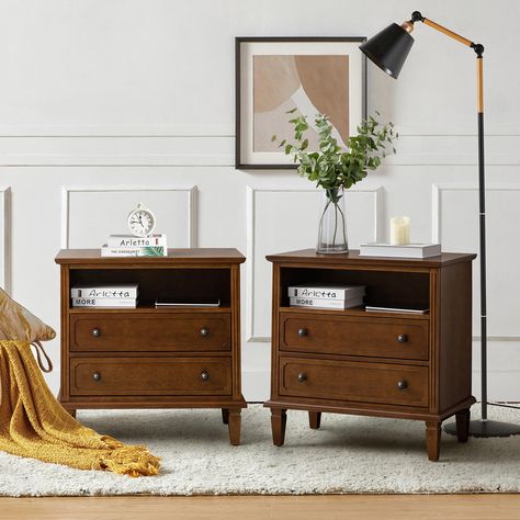 PRICES MAY VARY. MID CENTURY MODERN LOOK - The overall drawer dresser set of 2 features a vintage texture to create a more welcoming and elegant living space. The unique handles add a hint of aesthetic, with understated hues to incorporate all styles effortlessly. AMPLE STORAGE SPACE - The bedside table set of 2 has a storage space of 2 drawers and 1 open self, which is spacious enough to help you organize your room and meet different storage needs. You can place frequently used items on the tab Missmatched Bedside Tables, Oak Bedroom Furniture With Black Hardware, Master Bedrooms With One Nightstand, End Tables As Night Stands Master Bedrooms, Bedside Table Styling For Men, Miss Matched Bedside Tables, Using Nightstand As Side Table In Living Room, Bedside Cabinet Styling, Bedside Table Styling Rustic