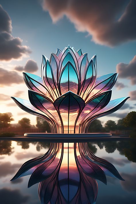 A beautiful glass building made in the shape of very large glass lotus flower iridescent Lotus Building Architecture, Flower Shaped Building, Flowers In Architecture, Flower Inspired Architecture, Lotus Interior Design, Flower Building Architecture, Lotus Architecture, Lotus Building, Lotus House