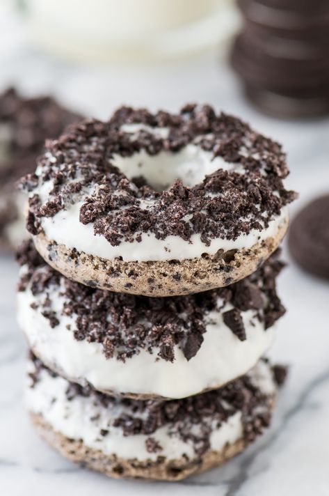 Oreo Overload Donuts | The First Year Oreo Donut, Oreo Dessert Easy, Oreo Donuts, Oreo Desserts, Homemade Donuts Recipe, Baked Donut Recipes, Donut Recipe, Crushed Oreos, Oreo Recipes