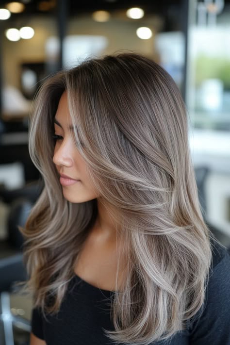 25 Ashy Light Brown Hair Trends That'll Make You Swoon Mushroom Blonde Highlights On Brown Hair, Light Brown Natural Highlights, Hair Dye Ideas Two Tone, Ash Brown Ash Blonde Balayage, Ash Beige Highlights On Brown Hair, Ashy Burnett, Light Gray Hair Color Ash Brown, Brown Balayage Hair Cool Tone, Milky Brown Highlights