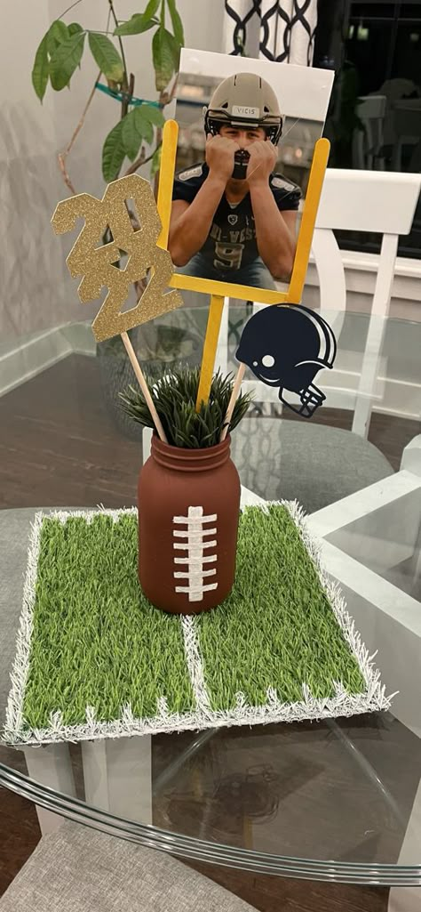 Football First Birthday Centerpieces, 1st Birthday Football Theme Centerpieces, Football 1st Birthday Party Centerpieces, Football Senior Night Dinner, Seahawks Themed Birthday Party, Senior Football Dinner Decorations, Football Party Theme Decoration, Football Themed Birthday Party Centerpieces, Centerpieces Football Theme