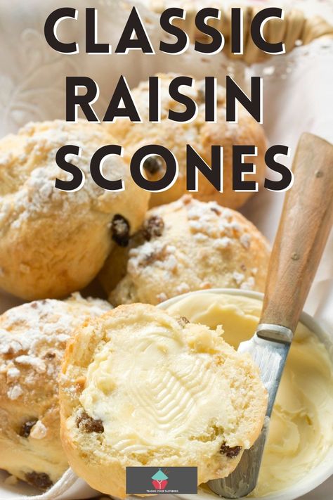 Classic Raisin Scones Classic raisin scones, perfect served with an afternoon tea. Eat with butter, clotted cream, and jam. Easy recipe to give you fluffy, well-risen moist scones.