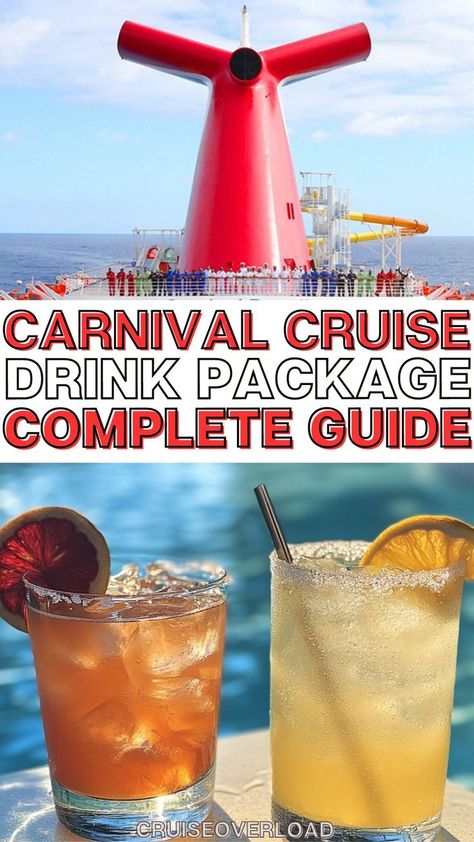 drinks on the deck of a cruise ship with text overlay reading drink package guide carnival cruise line Carnival Cruise Secrets, Carnival Drink Package, Carnival Conquest Cruise, Carnival Elation Cruise, Carnival Valor Cruise, Carnival Cruise Food, Cruise Drinks, Cruise Checklist, Carnival Elation