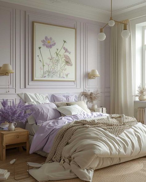 3 Interior Painting Design Color Schemes to Love • 333+ Art Images Color Theory Bedroom, Light Colors Bedroom, Lilac Purple Bedroom Ideas, Bedroom Lilac Walls, Light Lilac Paint Color, Lilac And Green Room, Lilac And Blue Bedroom, Pale Purple Bedroom, Purple And White Room Ideas