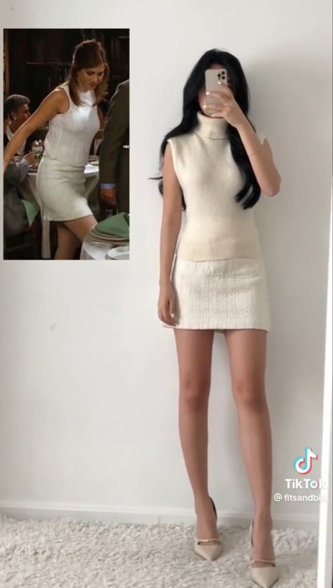 rachel green from friends inspired outfit #fashion tiktok: fitsandbits Rachel Green White Outfit, Rachel Green Green Dress, Rachel Green Inspo Outfits, Blair Waldorf Best Outfits, Rachel Green Long Skirt, Fashion Intern Outfit, Best Rachel Green Outfits, Rachel Green Wardrobe, 90s Office Outfit