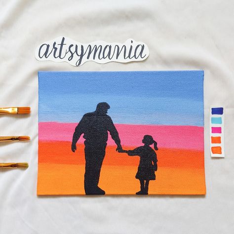 Father Daughter Painting, Dad Drawing, Birthday Canvas, Painting Materials, Silhouette Canvas, Silhouette Painting, Small Canvas Paintings, Easy Canvas, Easy Canvas Art