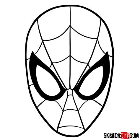 How to draw Spider-Man mask - Sketchok easy drawing guides Half Face Drawing, Draw Spider, Spiderman Sketches, Male Face Drawing, Face Doodles, Spiderman Tattoo, Spider Drawing, Spiderman Mask, Drawing Legs