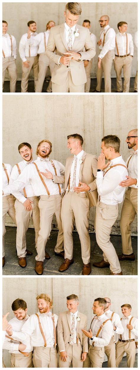 Collage of three images of the groom and his groomsmen. The top image features the groom looking down at his wedding band, as his groomsmen hand out in the background. The middle image showcases the groom laughing with his friends. The bottom image features the groom among his groomsmen, him in his suit jacket and them with suspenders and bowties. Tan Suit With Dusty Rose, Sand Color Tuxedo Wedding, Olive Green And Tan Groomsmen, Tan Suit Champagne Dress, Groomsmen Beige Pants White Shirt, Tan Suits Beach Wedding, Tan Groomsmen Suits With Terracotta, Tan Groomsmen Suits Suspenders, May Groomsmen Attire