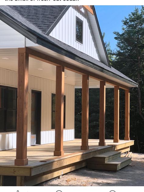 Wooden Front Porch Columns, Boxing In Porch Posts, Porch Beams Makeover, House Pillars Columns Exterior, Stained Wood Columns Front Porch, Front Entrance Porch Ideas, White House Front Porch, Front Porch Wood Columns, Wrapping Porch Columns