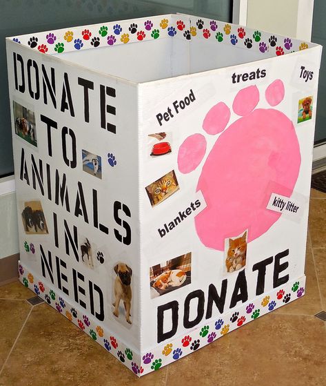 CREATIVE VOLUNTEER, MADDY, DID A FANTASTIC JOB DECORATING A PET SUPPLY DONATION BOX... | Cinnaminson, NJ Patch Donation Box Ideas, Animal Shelter Donations, Animal Shelter Fundraiser, Dog Fundraiser, Toy Donation, Pet Event, Eagle Project, Donation Box, Food Donation