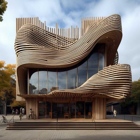 Timber Building Concept Fluid Architecture Concept, Timber Columns Architecture, Timber Facade Architecture, Curved Building, Futuristic Wooden Architecture, Mass Timber Facade, Timber Parametric Architecture, Curve Building, Biomimicry Architecture