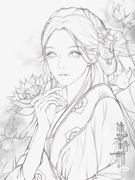 Semi Realistic Line Art, Manga Coloring Book, Whimsical Art Journal, Drawing Hair Tutorial, Drawing Ideas List, Color Drawing Art, Face Sketch, Chinese Art Girl, Beauty Art Drawings