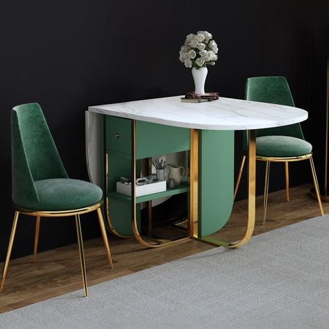 Space Saving: Folding tabletop helps to organize your dining room and save room. 3 Folding shapes: It can meet 2-6 person's seating needs. Multi Storage: Drawer and shel under the table can store some essentials and keep tidy. OVERALL LENGTH 59.1"/1500mm OVERALL WIDTH 31.5"/800mm OVERALL HEIGHT 28.7"/730 CHAIR INCLUDED No Chic Dining Chairs, Convertible Coffee Table, Folding Dining Table, Esstisch Modern, Media Screen, Rectangle Dining Table, Terrace Design, Coffee Table To Dining Table, Velvet Dining Chairs