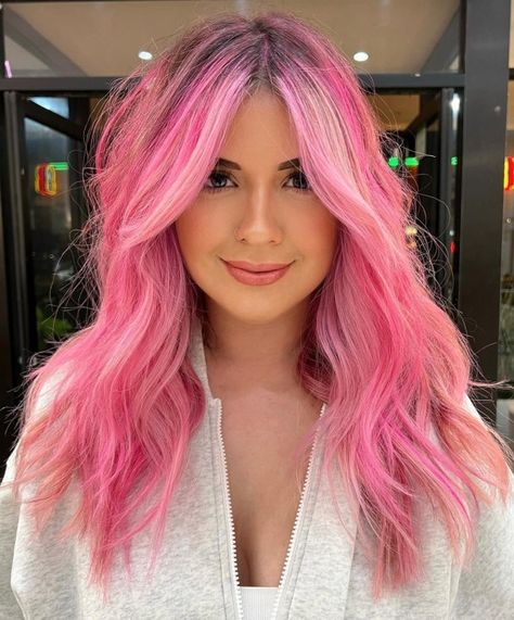 Pink Flamingo Balayage Idea Pink Bayalage Hair, Pink Bayalage, Cool Pink Hair, Whimsical Hairstyles, Cotton Candy Pink Hair, Pink Haircut, Pink Hair Streaks, Pink And Orange Hair, Dark Pink Hair