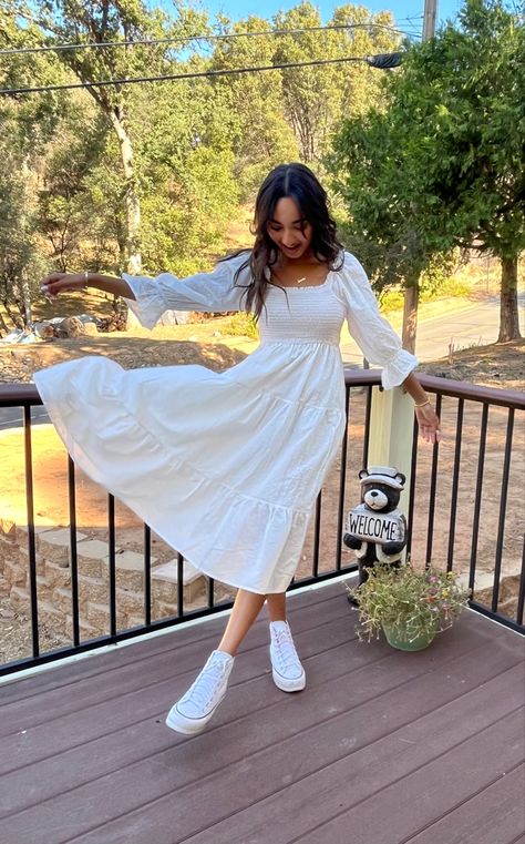 Dresses To Wear With Converse, Cherry Picking Outfit Summer, White Dress With White Converse, Converse High Top With Dress, High Top Converse Outfits Summer Dresses, Midi Dress And Converse, Converse With Long Dress, Trendy White Dress, White Dress And Converse