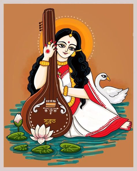 Aesthetic Saraswati Goddess, Ma Saraswati Painting, Saraswati Bina Drawing, Saraswati Acrylic Painting, Cute Saraswati Drawing, Saraswati Canvas Painting, Easy Saraswati Drawing, Ma Saraswati Drawing, Sarswati Maa Paintings