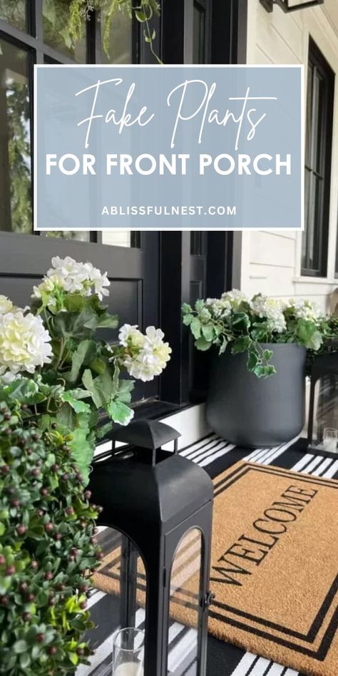 Don't have a green thumb? No worries! Fake plants for the front porch are the perfect solution for adding a touch of nature without the hassle of maintenance. From cascading vines to vibrant succulents, there are endless possibilities to create a stunning display that will impress your guests.  Ready to give your porch a fresh new look? #fauxgreenery #porchmakeover #homeinspiration Artificial Porch Plants Front Doors, Front Porch Planter Ideas Year Round, Pots For Front Door Entrance, Fake Flowers For Outside Pots, Faux Porch Plants Front Doors, Best Faux Plants For Front Porch, Outdoor Fake Flower Pot Ideas Summer, Fake Outdoor Plants Front Doors Porch, Front Porch Faux Plants