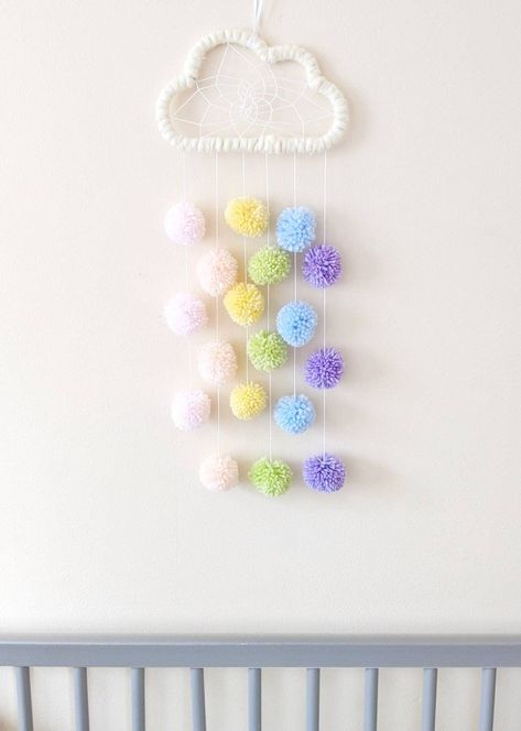 40+ Wall Hanging Home Decor Ideas to Refresh Your Space | DIY Wall Hanging Ideas | Home Decorating Easy Diy Room Decor For Teens, Pom Pom Cloud, Rainbow Bedroom Decor, Pom Pom Art, Pom Pom Diy, Diy Yarn Pom Pom, Pom Pom Wall Hanging, Pom Poms Ideas, Pom Pom Wall