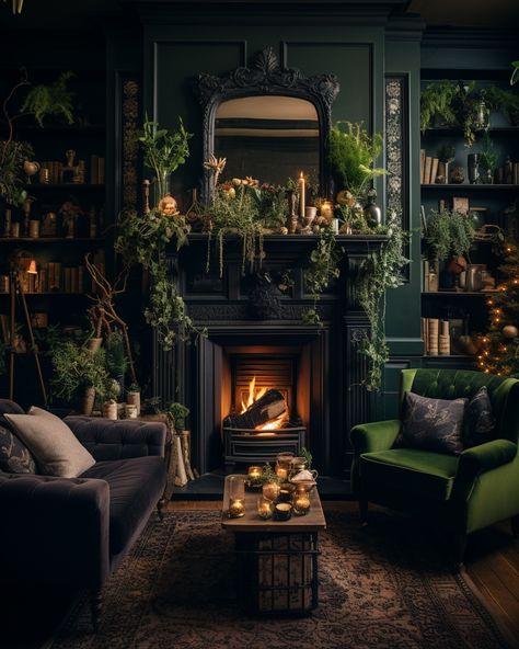 Forest Witch Living Room, Whimsigoth House, Moody Forest, Gothic Boho, Forest Christmas, Dark Acadamia, Tapeta Harry Potter, Dark Living Rooms, Forest Witch