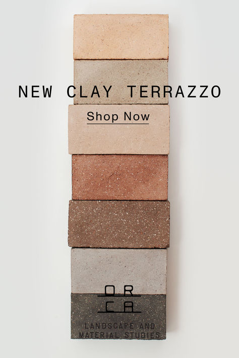 New Clay Terrazzo: A smooth surface exposing the constellation of aggregates within.    Made locally from Californian clay, ORCA Clay Terrazzo pavers honor the sedimentary origins of clay and its throughbody color.  When installed correctly, they are permeable and allow rainwater to pass through to the earth beneath and replenish natural aquifers. Ideal for outdoor pathways, landscape patios and driveways.   Shop Clay Terrazzo samples.