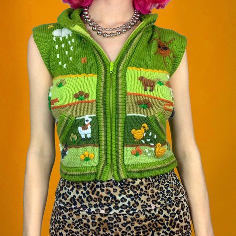 Thrifting Manifestation, Toothpaste Kisses, Grunge Fairycore Aesthetic, Bug Juice, Animal Sweater, Green Knit Sweater, Knit Sweater Vest, Knitting Accessories, Coraline