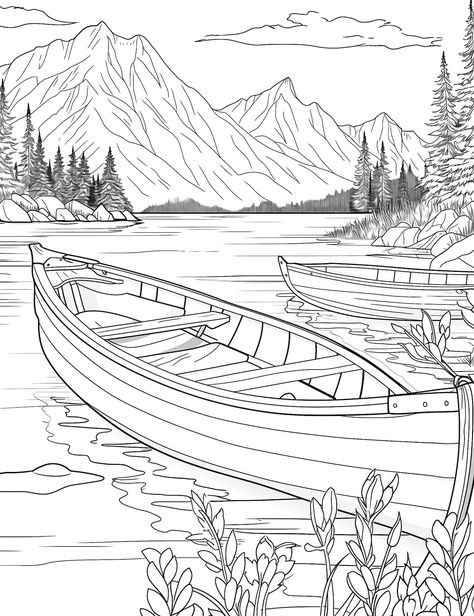 Scenery Outline Drawing, Landscape Colouring Pages, Lake Coloring Pages, Cabin Coloring Pages, Watercolor Coloring Pages, Coloring Book Art Free Printable, Coloring Pages Landscape, Mountain Coloring Pages, Boat Coloring Page